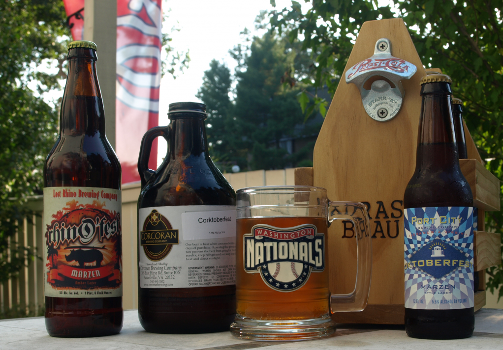 Virginia Oktoberfest beers on a patio, in the sunshine