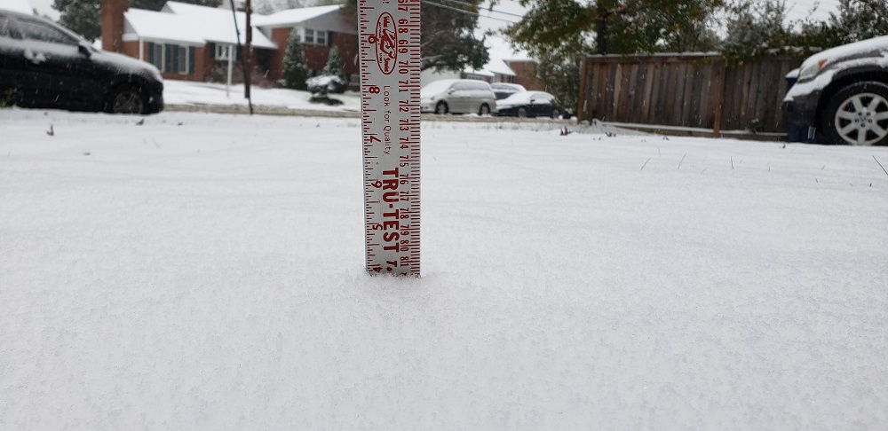 Nearly 4 inches of snow had accumulated in Alexandria, Va.'s West End as a early season snow storm hit the Washington, D.C. area