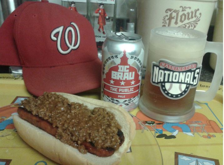 DC Brau, served in a frosty Washington Nationals mug with a chili half-smoke