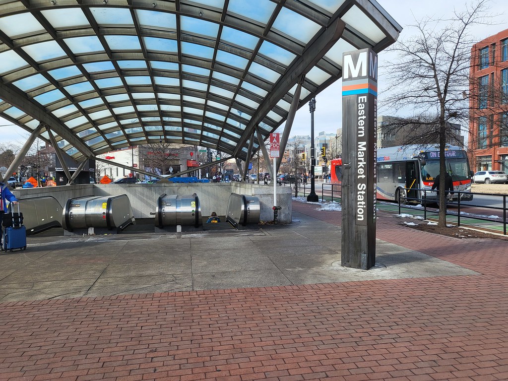 Looking west north west at the Eastern Market Metro station entrance on a January 2025 afternoon