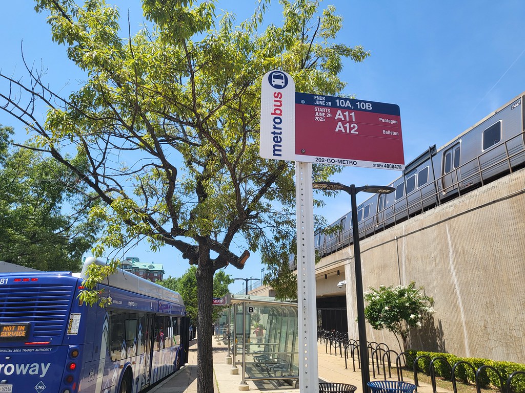 View of metrobus wayfinding sign at Braddock Road Metro station in Alexandria, Va.