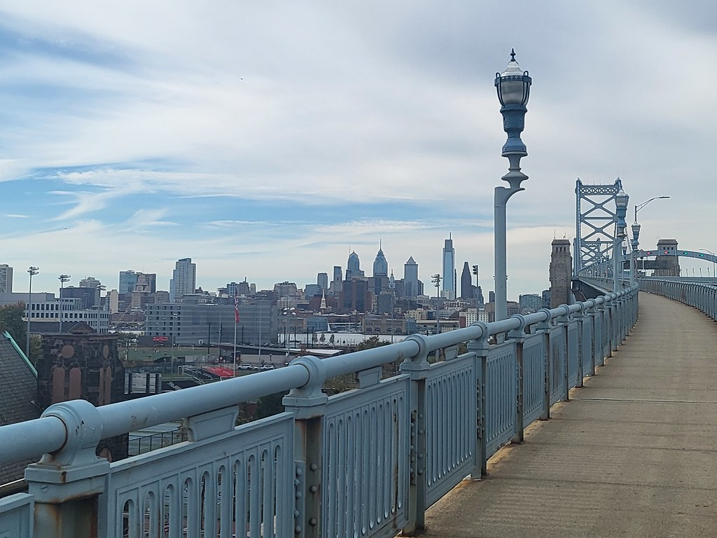 Ben Franklin Bridge south footwalk view of Philadelphia skyline